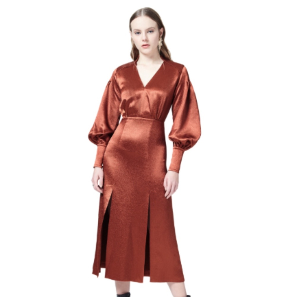 Brown Deep V Long Sleeve Dress with Slits